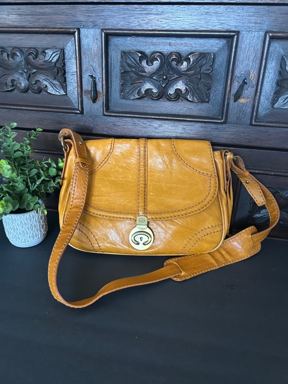 Francesco Biasia Mustard Leather Crossbody with Gold-Tone Turn Lock